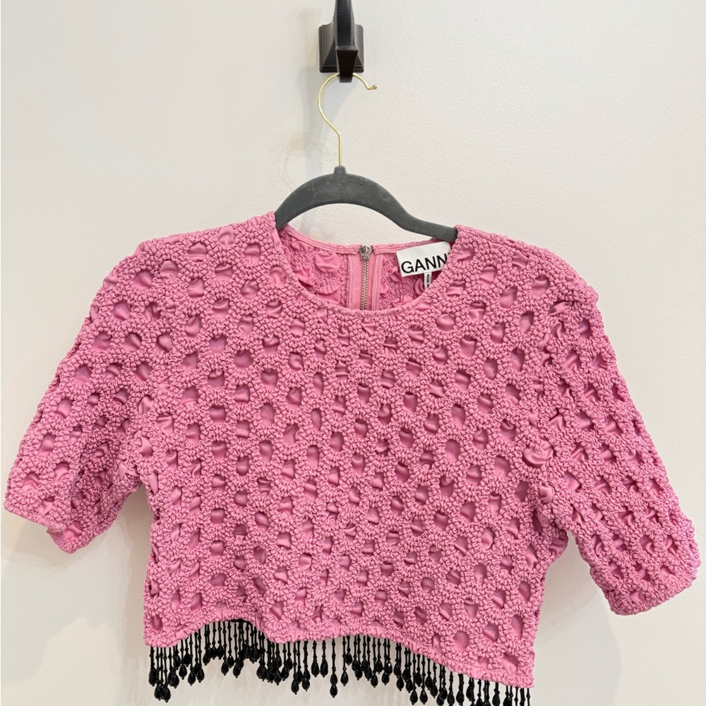 Ganni Pink Crochet Top with Black Fringe
